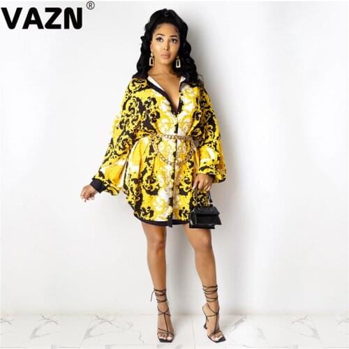 VAZN 2020 Autumn Hot High Quality Chiffon Retro Daily Regular Shirts Dress Full Sleeve Women Nature Straight Shirt Dress