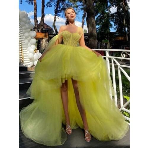 Yellow High Low Tulle Prom Dresses 2021 Puffy Sweetheart Lace-up Back Formal Evening Party Ball Gown Sleeveless Robe De Soiree