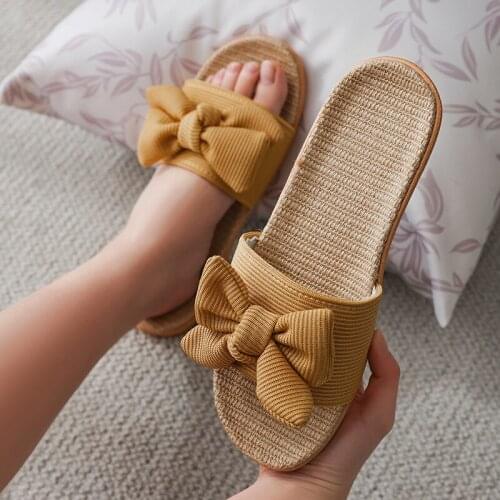 Bowknot household cool linen slippers women summer indoor non-slip resistance couples home slippers shoes women56yu
