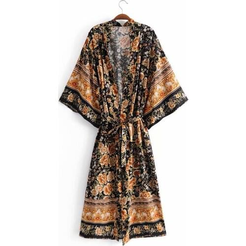 Black Flower Printing Sashes Boho Dress Kimono Sleeve V-Neck Summer Batwing Sleeves Boho Maxi Dress Robe Vestidos K1379
