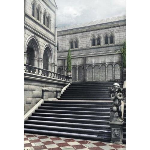 Brick Palace Photography Background Red And White Brick Floor Iron Steps With Stone Angel Backdrop For Customized Photoshoot