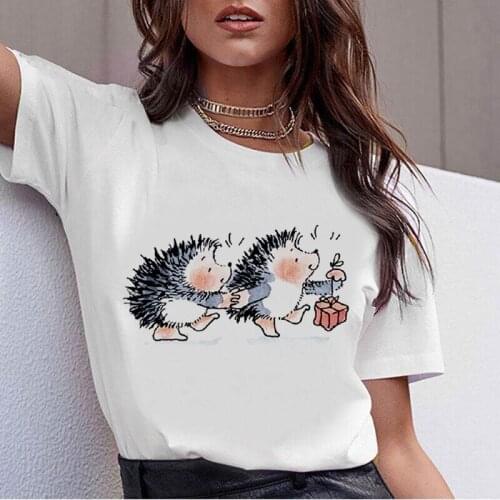 Kawaii Hedgehog Print T shirt Funny Top Tee Fashion Female Tshirt Harajuku Aesthetic Shirt Casual Femme Clothes