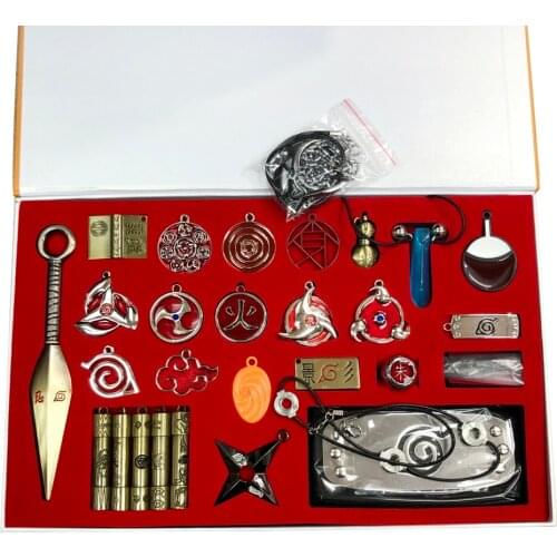 28pcs Itachi Sasuke Cosplay Ring Darts Shuriken Handbank Kunai Weapon Eye Cloud Necklace pendant Key chain keyrings