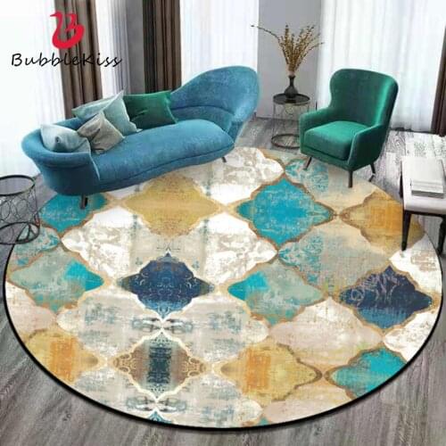 Bubble Kiss Round Carpet for Living Room Vintage Moroccan Style Blue Yellow Geometric Rug for Bedroom Customized Kitchen Mat