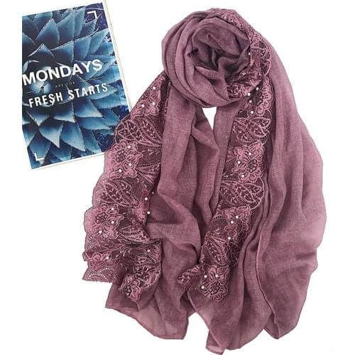Lace floral hijab scarf plain beads cotton headband scarves wraps shawls hijab spring muslim scarf 180*80cm
