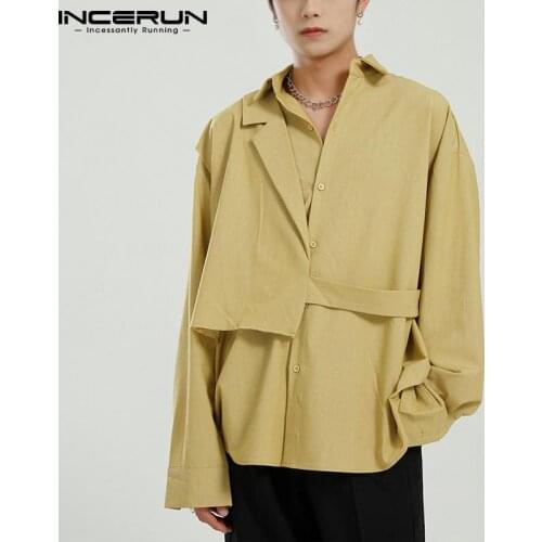 2021 Men Shirt Solid Color Lapel Long Sleeve Streetwear Personality Fashion Irregular Shirts Button Casual Camisas S-5XL INCERUN