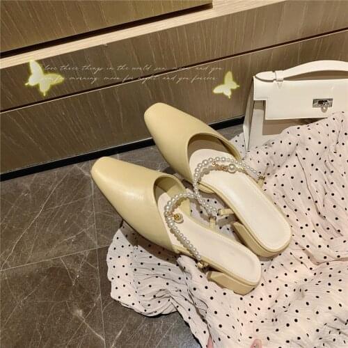 Kmeioo casual low heel mules woman pearl slides pointed toe mule slippers shallow soild slip-on basic mule sandals