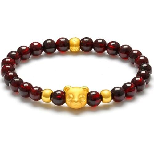 New Real 999 Yellow Gold 3D Lovely Bear Charm Garnet Beads Link Bracelet