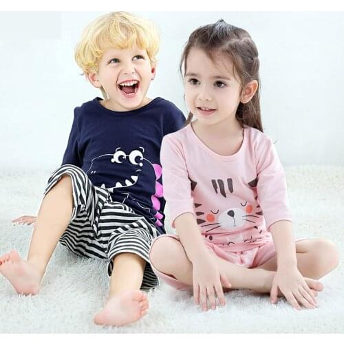 2 4 6 9 Years Baby Boy Dinosaur Pajamas Sets Girl Pink Princess Pajamas Summer Cotton Kids Pijamas Cute Children Sleepwear Set