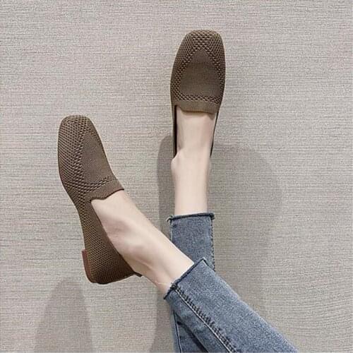 Plus Size Spring New Ballet Flats Women Square Toe Knit Fabric Loafers Breathable Flat Heel Drive Shoes Sneaker
