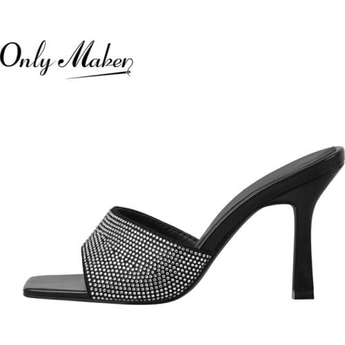 Onlymaker Summer Womens Square Toe Sandals Slip-On Matte Black Crystal Bordered Stiletto High Heels Slippers Concise Casual