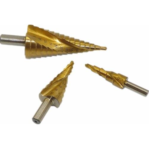 HSS Step Cone Drill Titanium Coated Hole Cutter Bit 4-12mm 4-20mm 4-32mm Spiral Grooved Center Drill Bit Triangle Shank 3pc Set