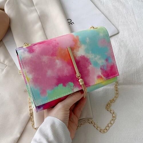 Vintage Women PU Leather Tie Dye Tassel Shoulder Crossbody Bags Casual Ladies Contrast Color Chain Mini Flap Messenger Handbags