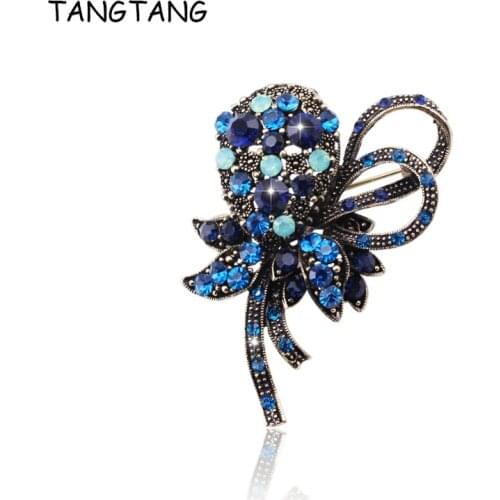 Vintage Royal Blue Crystal Rhinestone Brooch Elegant Men And Women Lake Blue Stones Flower Jewelry Pin New Fashion Item: BH8424
