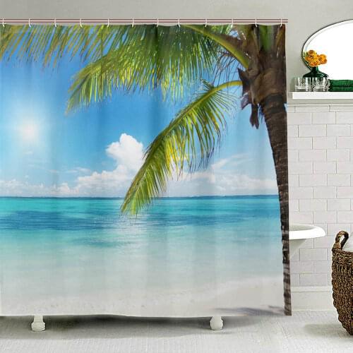 Green Tropical Plants Shower Curtains for Bathroom Polyester Seaworld Bath Curtain Palm Printing Curtain Beach Bathroom Curtains