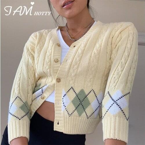 Y2k Argyle Print Button-down Cardigan Women Ribbed Knitted Short Cropped Sweater Female Autumn 90s 2020 Korean Jumper Iamhotty