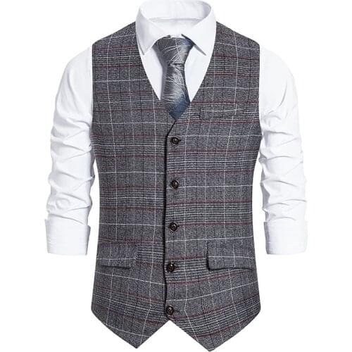 Mens Formal Business Suit Vest Slim Fit Twill Plaid Dress Waistcoat Men Wedding Party Dinner Tuxedo Vests Gilet Homme Costume