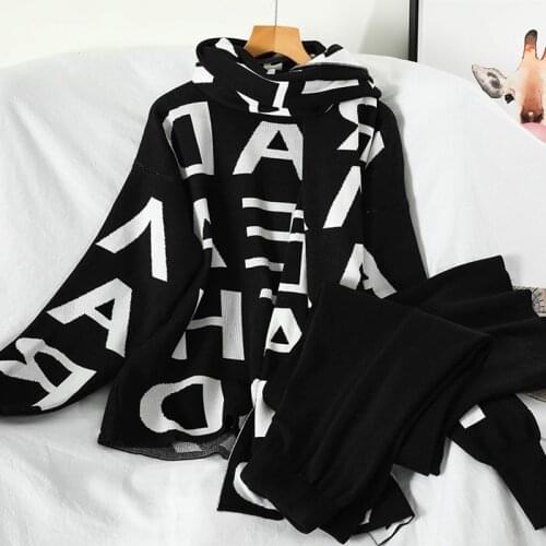 Autumn And Winter Women Knited Letter Sweater + Pants+Cape Long Scarf 3PCS Suit Knit Pullovers Cappa Wraps Wide Leg Trousers Set