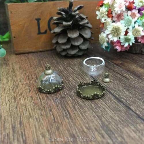 5sets/lot 15mm half round glass dome setting tray set glass vial pendant jewelry glass globes necklace pendants bronze plated