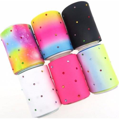75mm rhinestones printed grosgrain ribbon heat transfer unicorn flower rainbow feather design DIY handmade big bows 50yards/lot