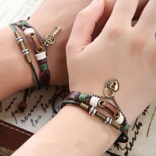 2 pcs His & Hers Lovers Key Braclet Bangles Lock and Key Couples Leather Bracelet Friendship Hot Man Women Wrist Bracelets