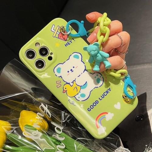 Wrist Chain Case For iPhone 12Pro Max 7 8 Plus SE XR XS Max IMD Cases Cute Rainbow Bear Bracket Chain Hanging Case for iPhone 11