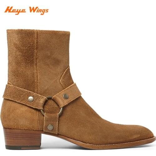 Black& Street High Top Handmade Boots Wyatt Harry Buckle Ring Strap Men Chelsea Boots Wedge Leather Denim Banquet Harness Boots