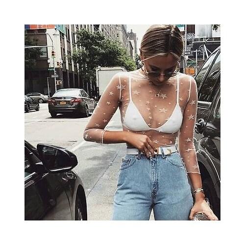 Star Print T-Shirts Women Mesh Net T-Shirt Long Sleeve Tee Tops Transparent Slim White Tops