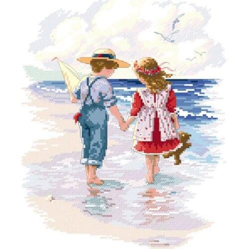 COTTON High Quality Counted Cross Stitch Kit Holding Hands Hand Seaside Good Friends boy and girl love dim 13721
