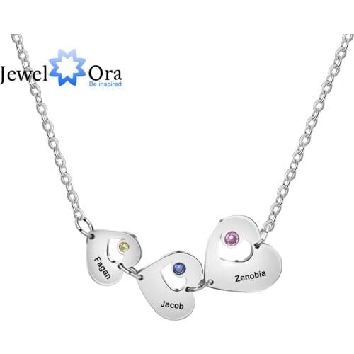 JewelOra Personalized Family Name Necklace with 3 Heart Pendants Customized Name Engraved Necklace Valentines Day Gift