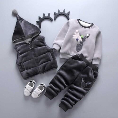 Winter outwear 3pcs new cartoon gold velvet thickened warm hooded vest+ sweater+pants girls infants tracksuits costume