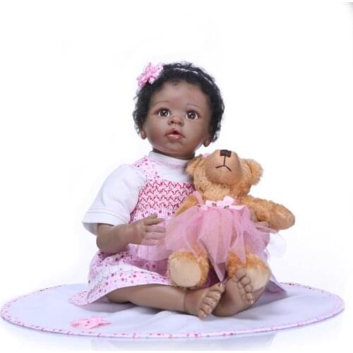 Black doll bebe reborn 22inch 55cm soft silicone reborn baby doll with bear plush gift for child NPK DOLL