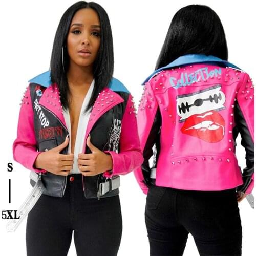 New Autumn Women Pu Leather Jacket Ladies' Zipper Belt Rivet Short Coats Female Color Patchwork Punk Bomber Faux Leather Outwear
