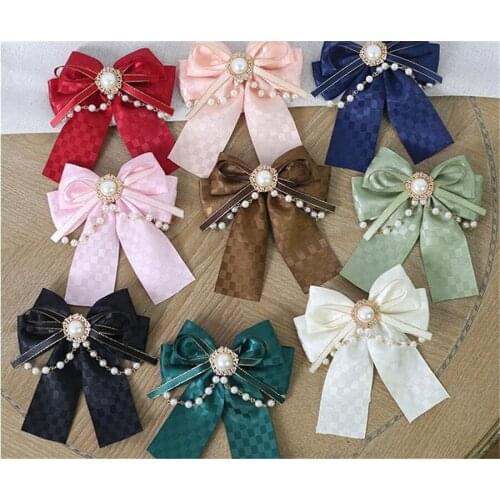 Lolita Handmade Plaid Big Bowknot With Pearl Chain Hairpin Hair Tea Party Props B1573