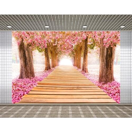 Lyavshi Spring Photography Backdrop Pink Flower Tree Cherry Blossoms Street boardwalk Backdrop Wedding CP photo Background Prop