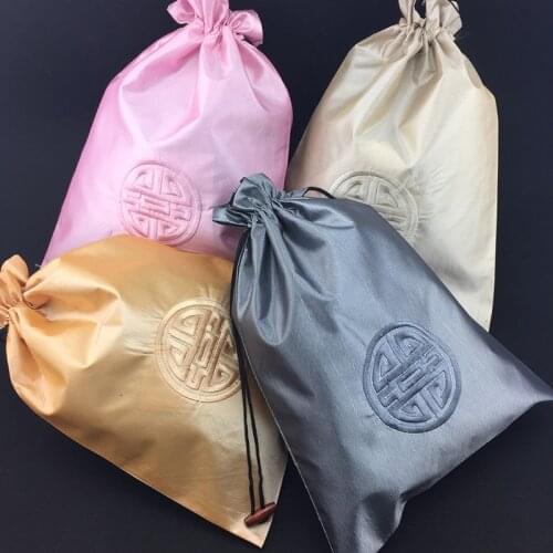 Embroidery Happy Extra Large Cloth Bag Drawstring Travel Jewelry Makeup Underwear Shoe Pouch Satin Bags Packaging 10pcs/lot