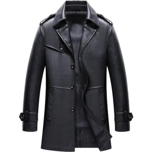 New Autumn Mens Leather Jackets Casual Long Trench Coat British Style Motorcycle Leather Jacket Male Single Breasted PU Outwear