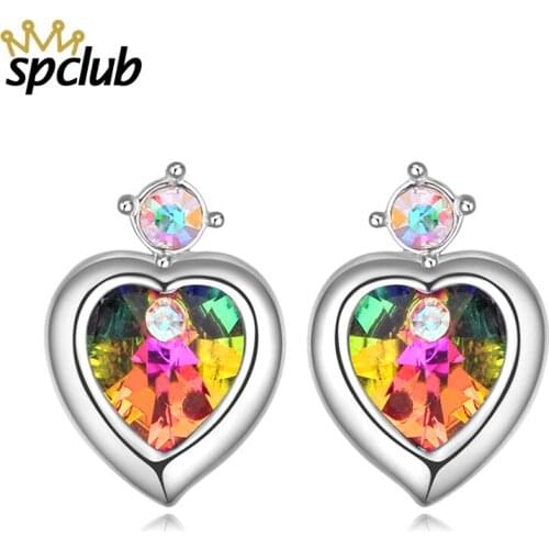 New Korean Genuine Crystals From Swarovski Love Heart Stud Earrings for Women Cute Fashion Girl Ear Jewelry Brinco Gift