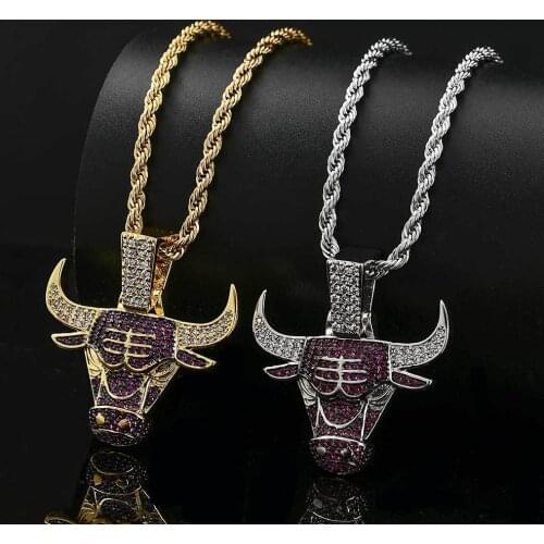 Bling Iced Out Necklace Micro Pave Cubic Zircon Bull Head Pendant for Men Women Gifts Luxury Hip Hop Jewelry
