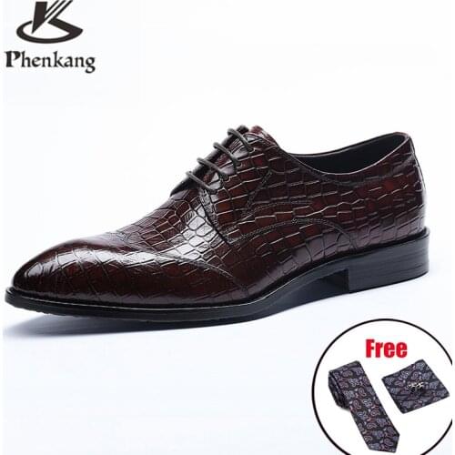 Phenkang mens formal shoes genuine leather oxford shoes for men black 2020 dress wedding business laces leather brogues shoes
