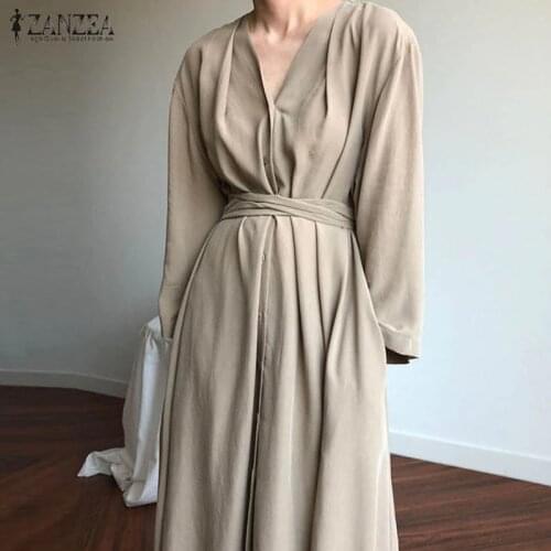 2021 Autumn Shirt Dress ZANZEA Women Casual V Neck Vestido Solid Long Sleeve Belted Sundress Elegant Work Cotton Long Robe Femme