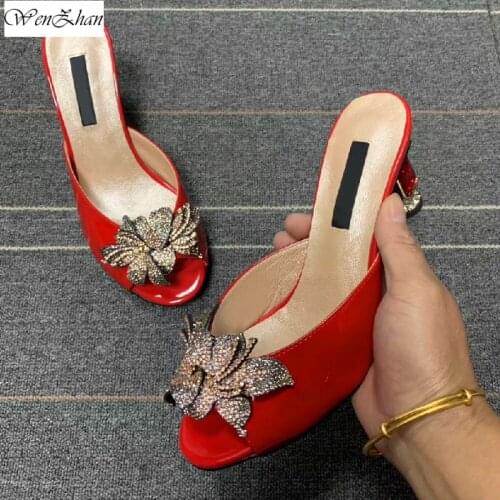 Attractive Red Open Toe Wedding Sandals Women Fashion Summer Luxury Slip On Med Heel Shoes Plus Size WENZHAN A97-3