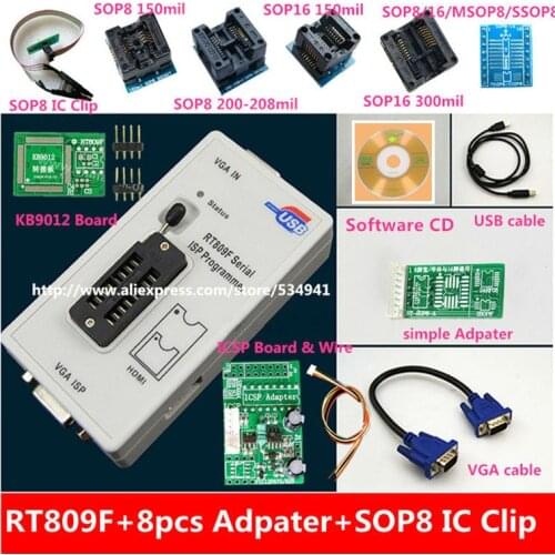 Free shipping 100% origanil Newest RT809F LCD ISP programmer with 8 adapters +sop8 IC test clip + ICSP board /ISP cable