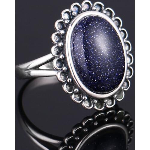 925 Sterling Silver Rings Elegant Simple Oval Blue Sandstone Rings Women Girls Fine Jewelry Anniversary Engagement Party Gift
