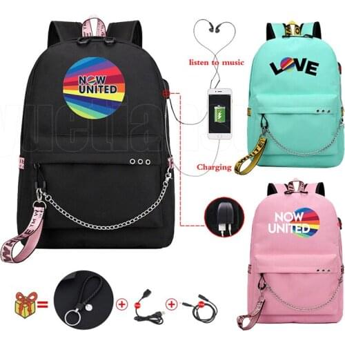 Now United Schoolbag Women Backpack USB Charging UN Team Backpack School Bags for Teenage Girls Now United Lyrics Zipper Bookbag
