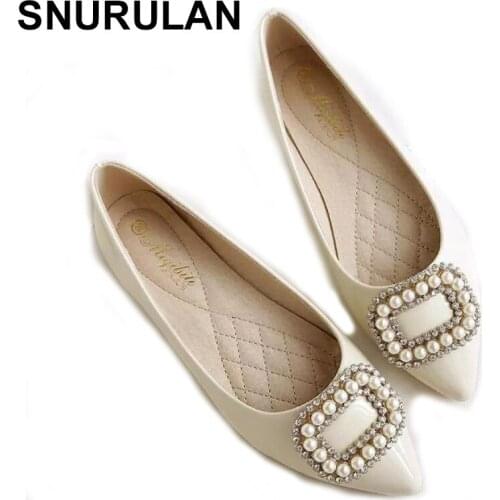 SNURULAN Flat Shoes Office Lady Professional Womens Sweet Square Buckle Rhinestone Pointed toe Shallow Slip on Plus size Ladies