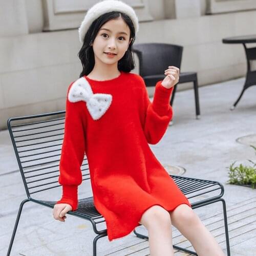 2020 Girls Mohair Sweaters Big Girls Autumn Knit Wear Cute Loose Long Pullovers Kids Sweater dress Children Clothes 4 to 14 yrs