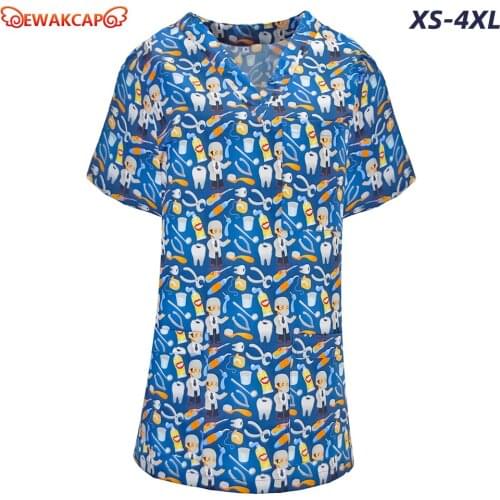 Unisex nursing clothes cotton medical printed work short sleeves top dentist clinical uniform medical blouse woman