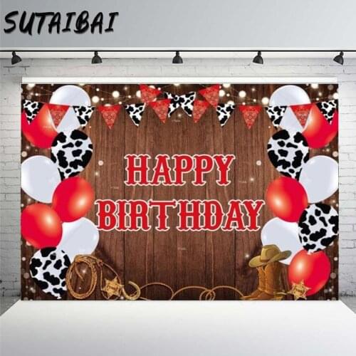 Photography Backdrop Wooden Wild West Western Cowboy Cow Balloons Banner Glitter Lights Baby Shower Birthday Photo Background