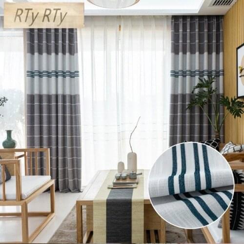 Japan Style Jacquard Thick Faux Linen Curtains for Living Room Window Curtains for Bedroom Modern Stripe Curtains for Kids room